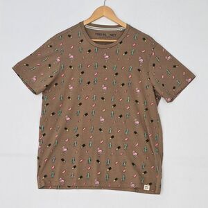 Free Planet Mens L Cotton Khaki Tan Flamingo Cactus Novelty Print T Shirt Tee